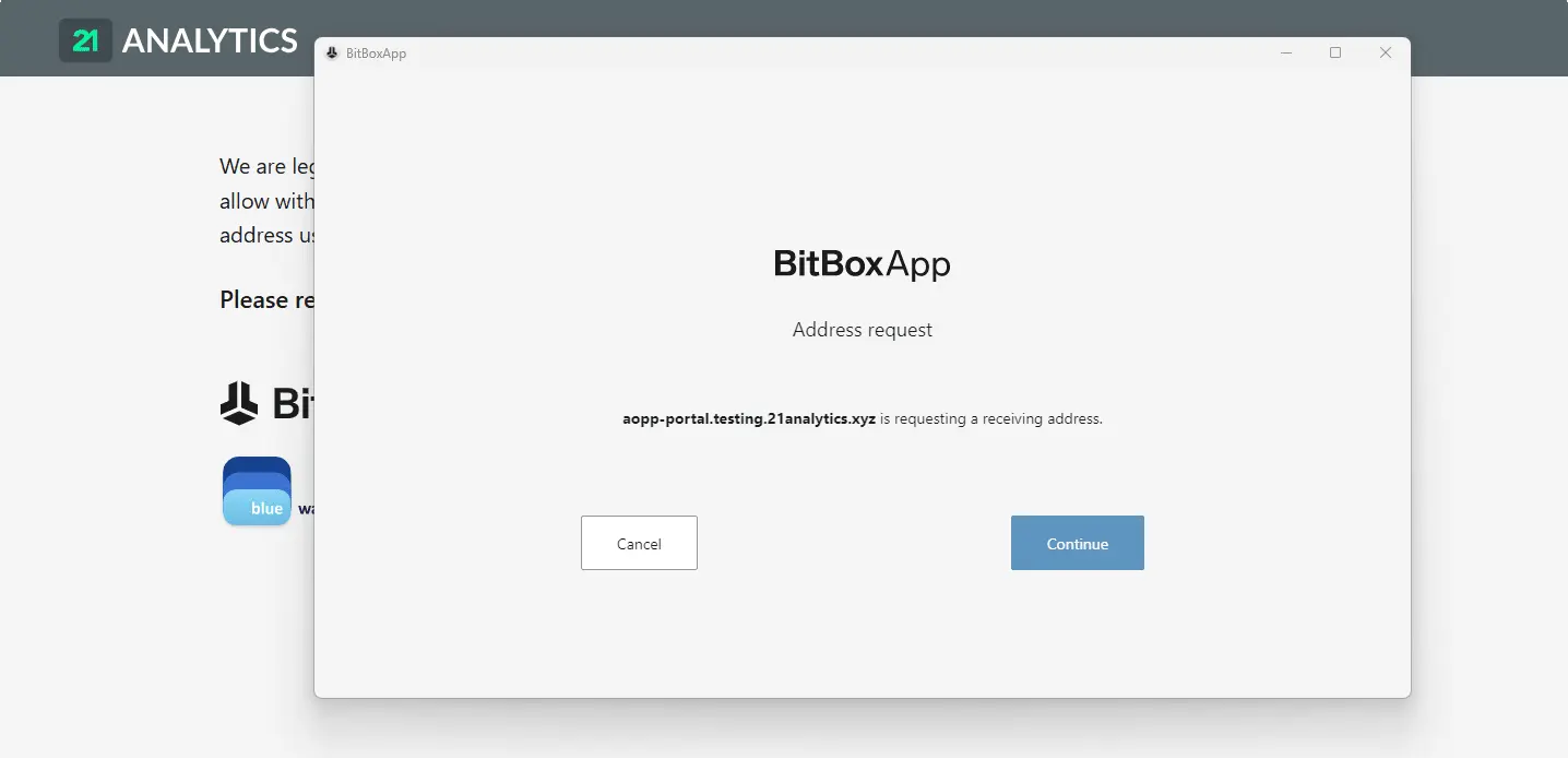BitBoxApp on the computer displaying an address request.