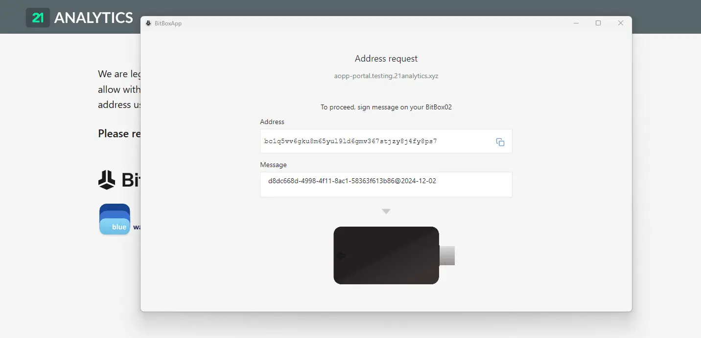 BitBox02 hardware wallet display prompting the user to sign a message.