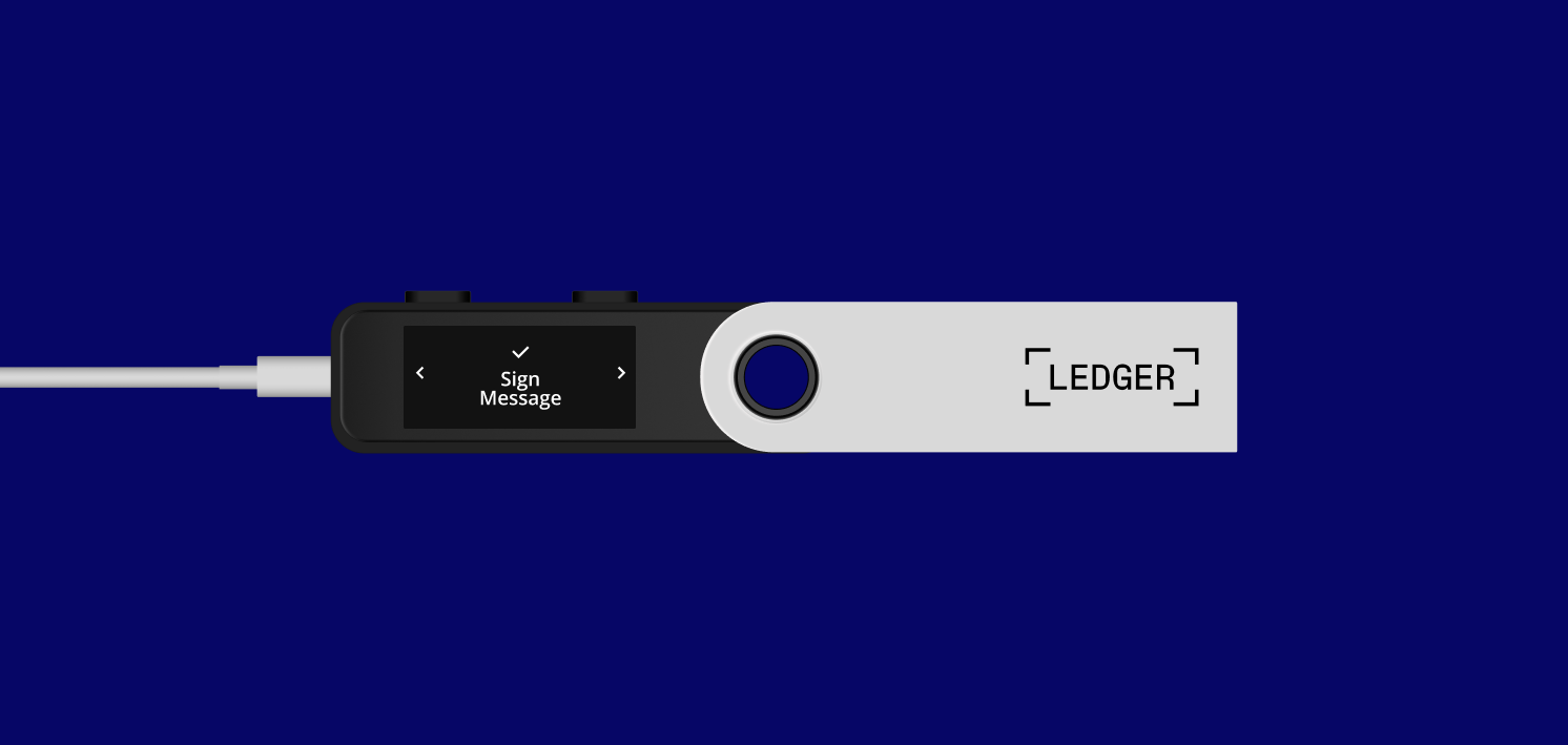 Ledger device screen showing ‘Sign Message’ or confirmation prompt to finalise the message signature.
