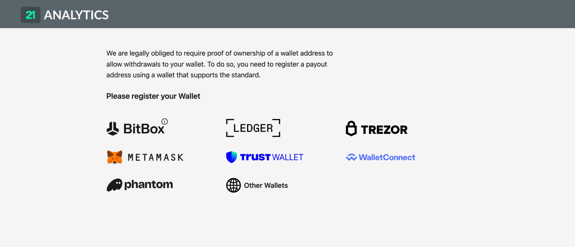 AOPP Portal webpage displaying icons of various wallet types, including the Ledger logo among others such as BitBox, Trezor, MetaMask, Trust Wallet, WalletConnect and Phantom.