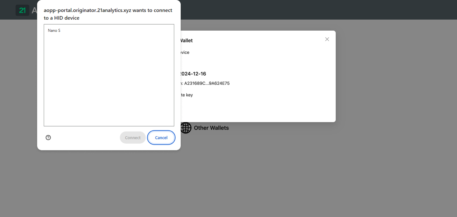 Browser pop-up dialogue asking permission to connect to a Ledger Nano S hardware wallet.