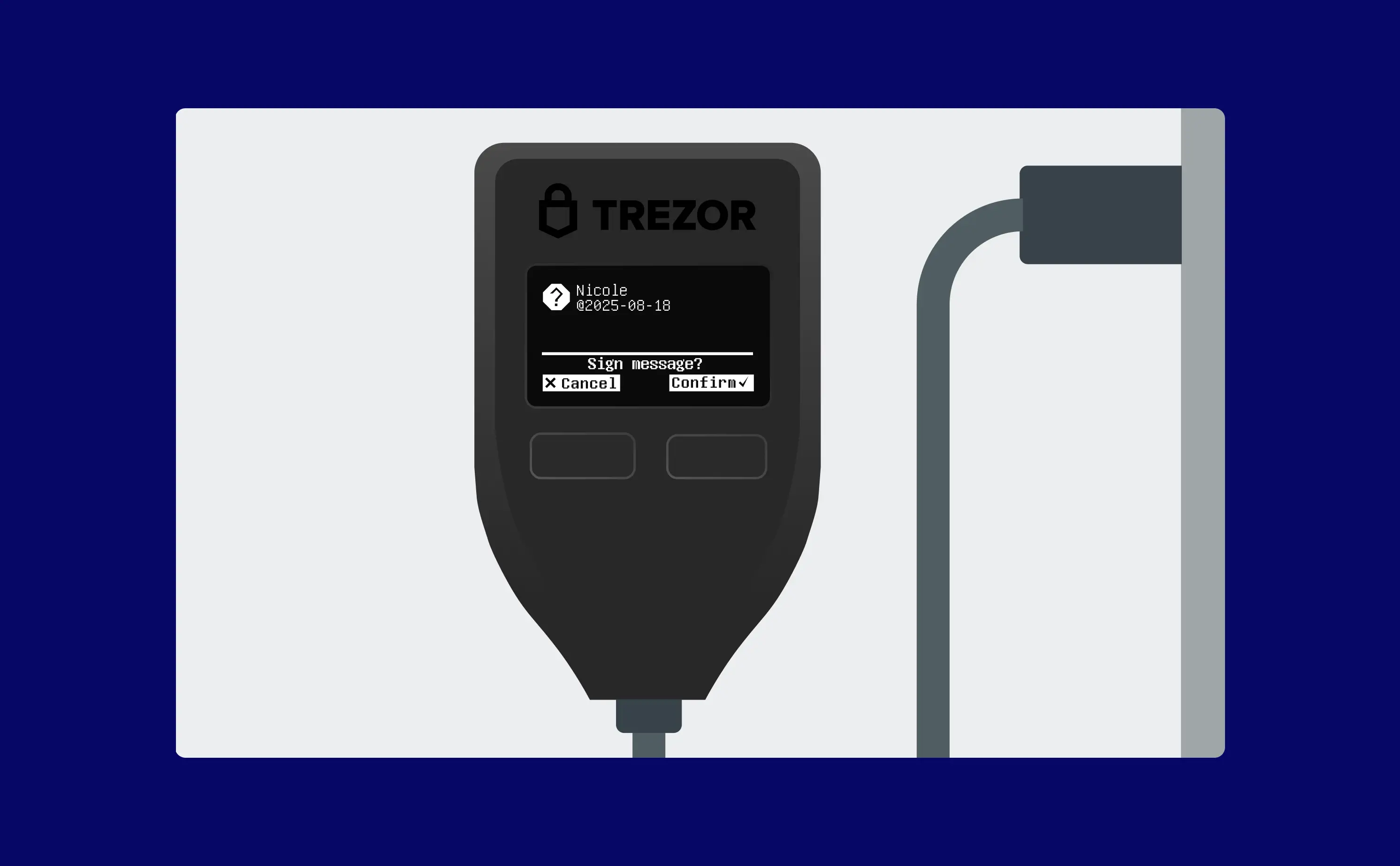Trezor device displaying the generated signature for user confirmation.