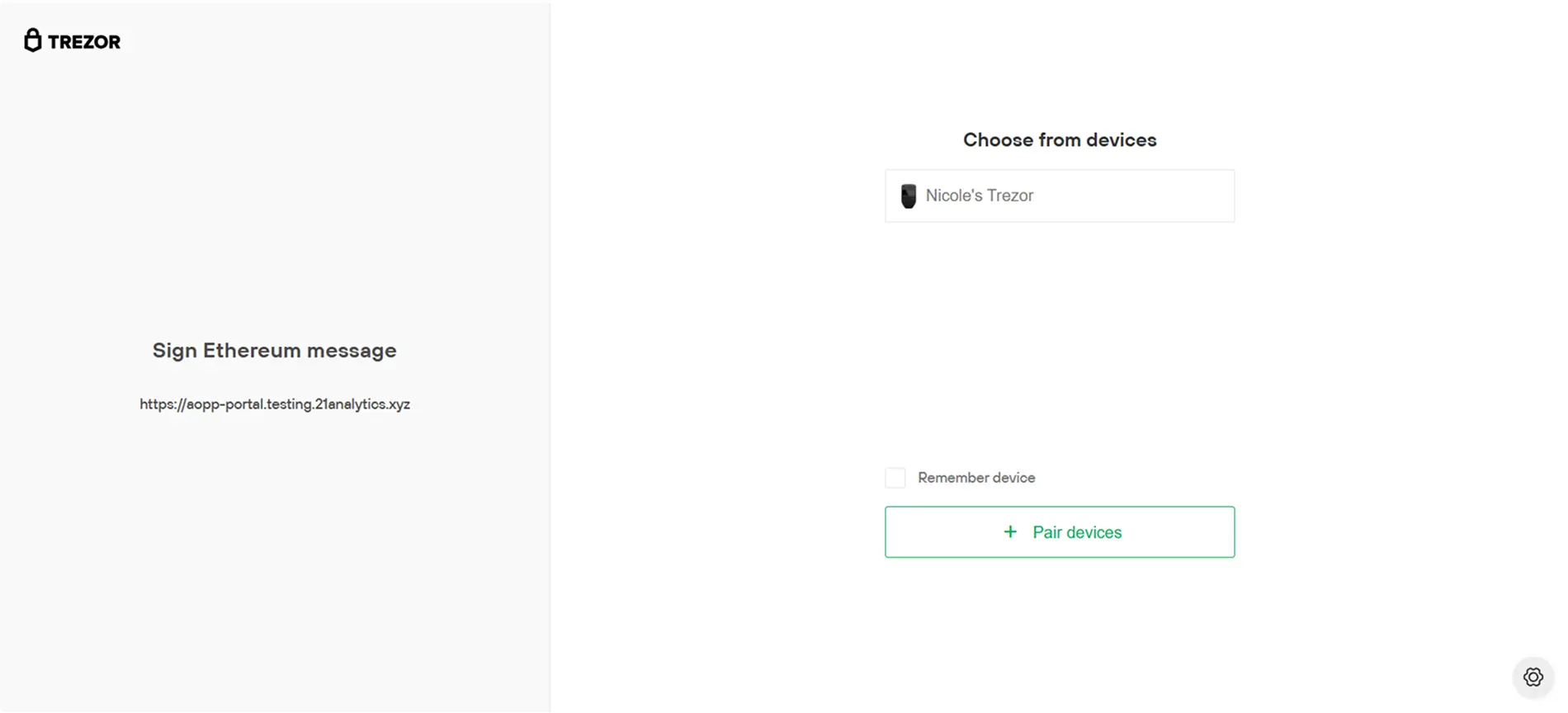 Trezor device screen showing a list of available devices to pair with; one device is selected (still in browser).