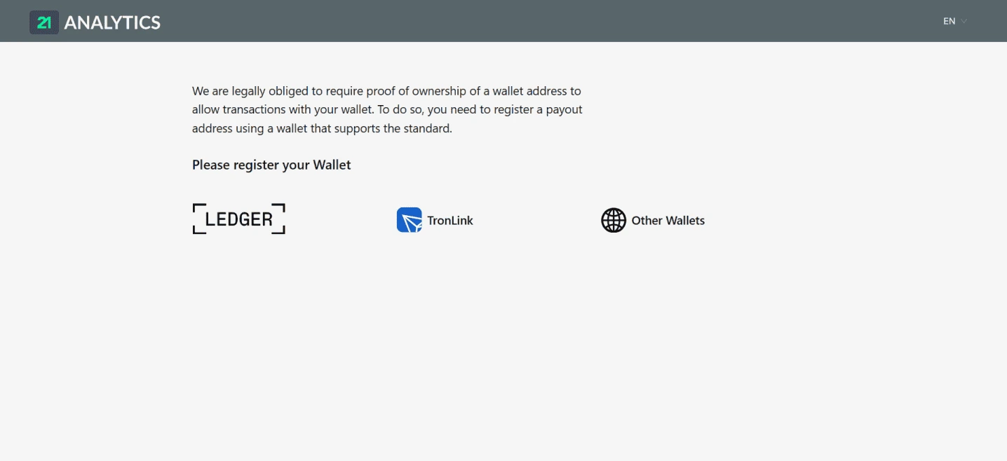 AOPP Portal webpage asking users to register a wallet address for proof of ownership, with options for Ledger, TronLink, and Other Wallets.