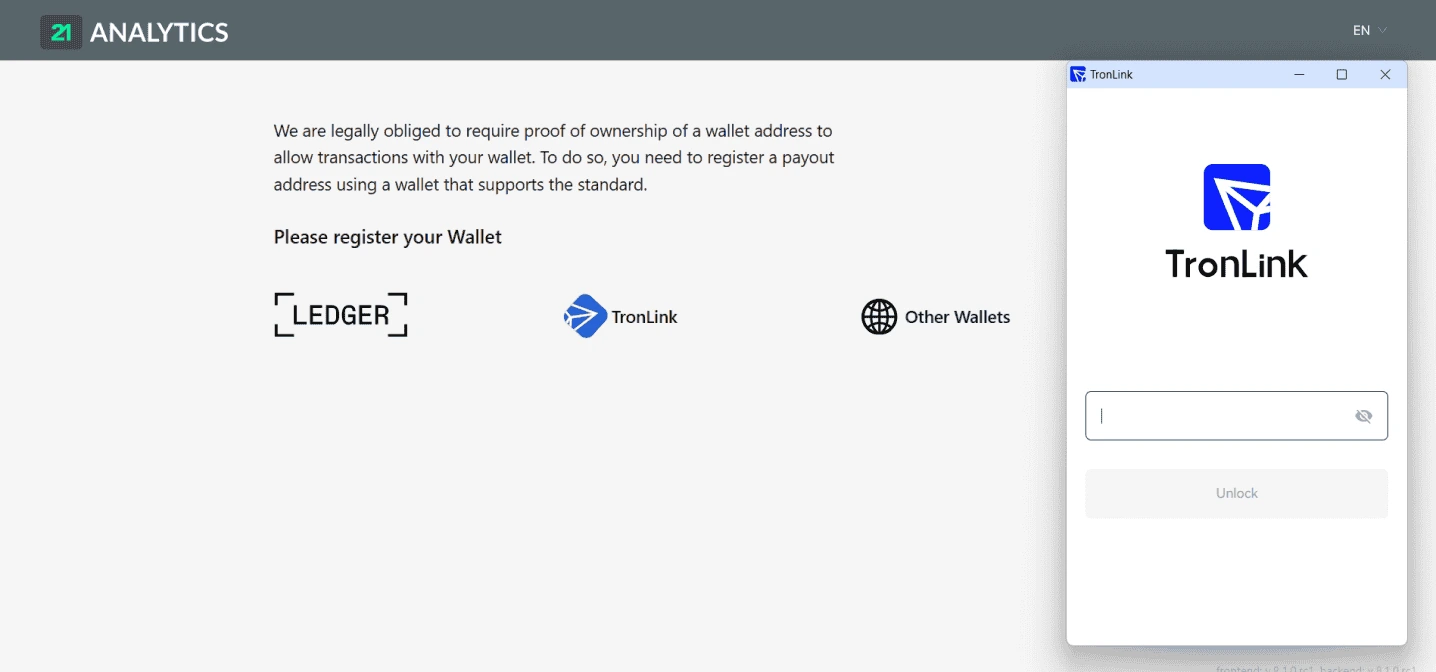 AOPP Portal webpage prompting the user to register a wallet address for proof of ownership. Options include Ledger, TronLink, and Other Wallets. A TronLink login window is open on the right side, showing a password field and an “Unlock” button