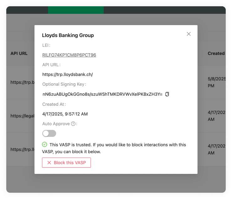 Counterparty VASP detail pop-up for Trusted VASP